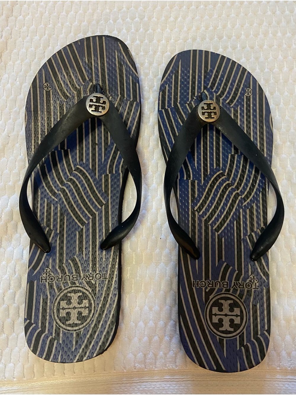 Tory Burch Navy and Black Striped Logo Flip Flops Size 10